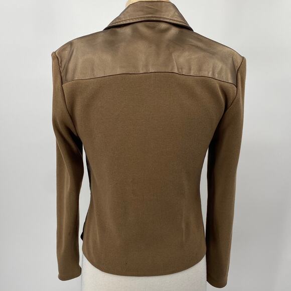Vintage Leather Jacket Metallic Bronze Zip Front Mixed Media Rib Knit Sleeves 8 - Picture 7 of 9